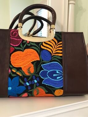 Brown Leather Satchel with Multicolor Embroidered Floral Panel